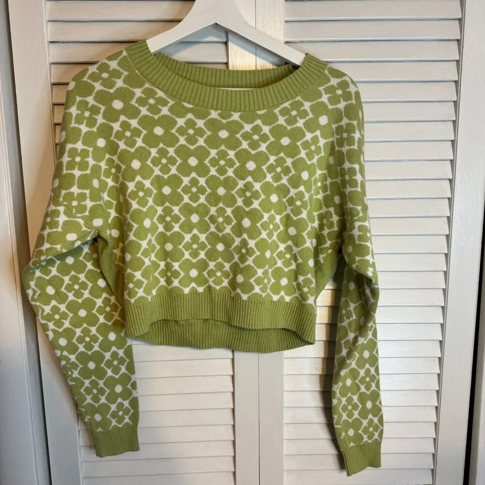 HOLLISTER CO. FLORAL COTTON Y2K 2000s CROPPED SWEATER SZ S - Picture 1 of 3